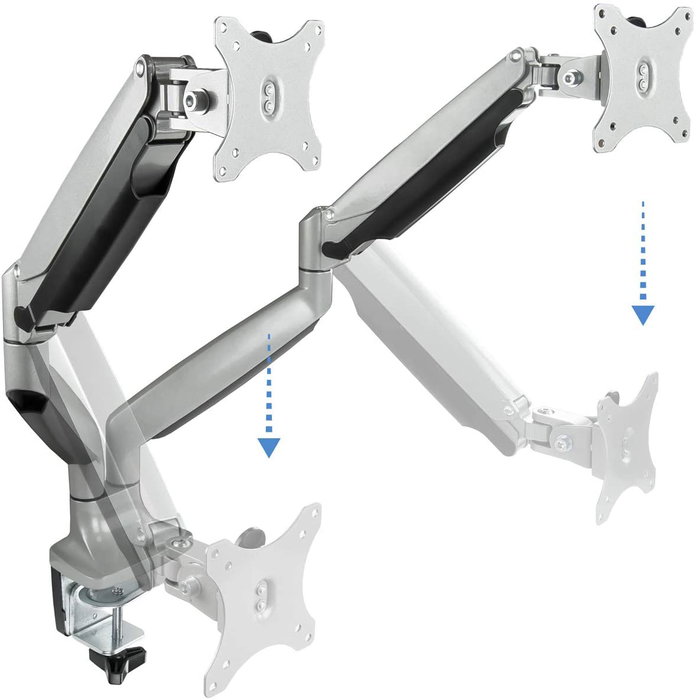 TooQ Soporte de Mesa para 2 Monitores DB3132TNR-S, Giratorio e Inclinable con Pistón de Gas, para Pantallas de 13 a 32 Pulgadas, VESA 75/100, Hasta 9kg, Plata